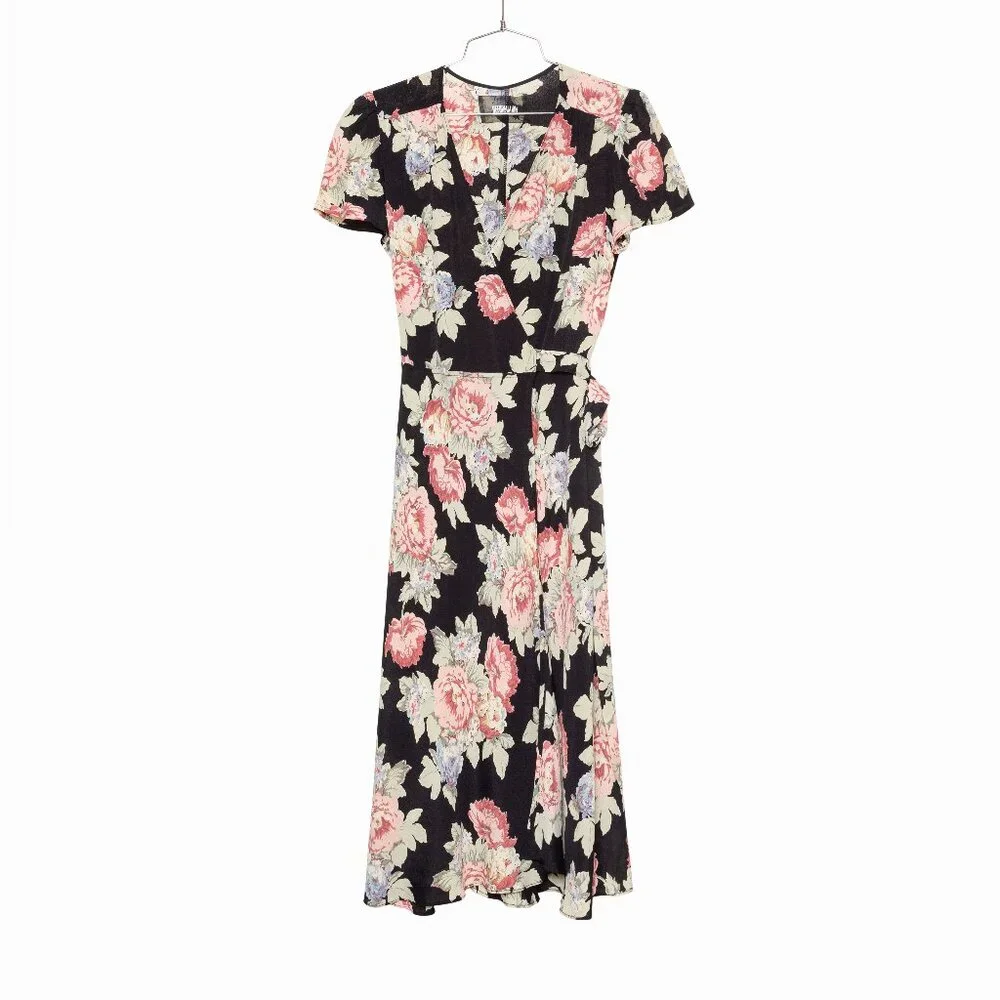 Reformation Linda Brookvale Black Viscose Floral Print Midi Wrap Dress - Size S - Picture 2 of 12